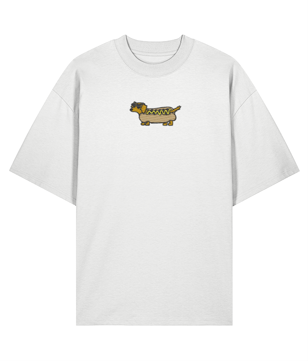 Flat lay of white oversized embroidered t-shirt with sausage dog graphic, 100% organic cotton