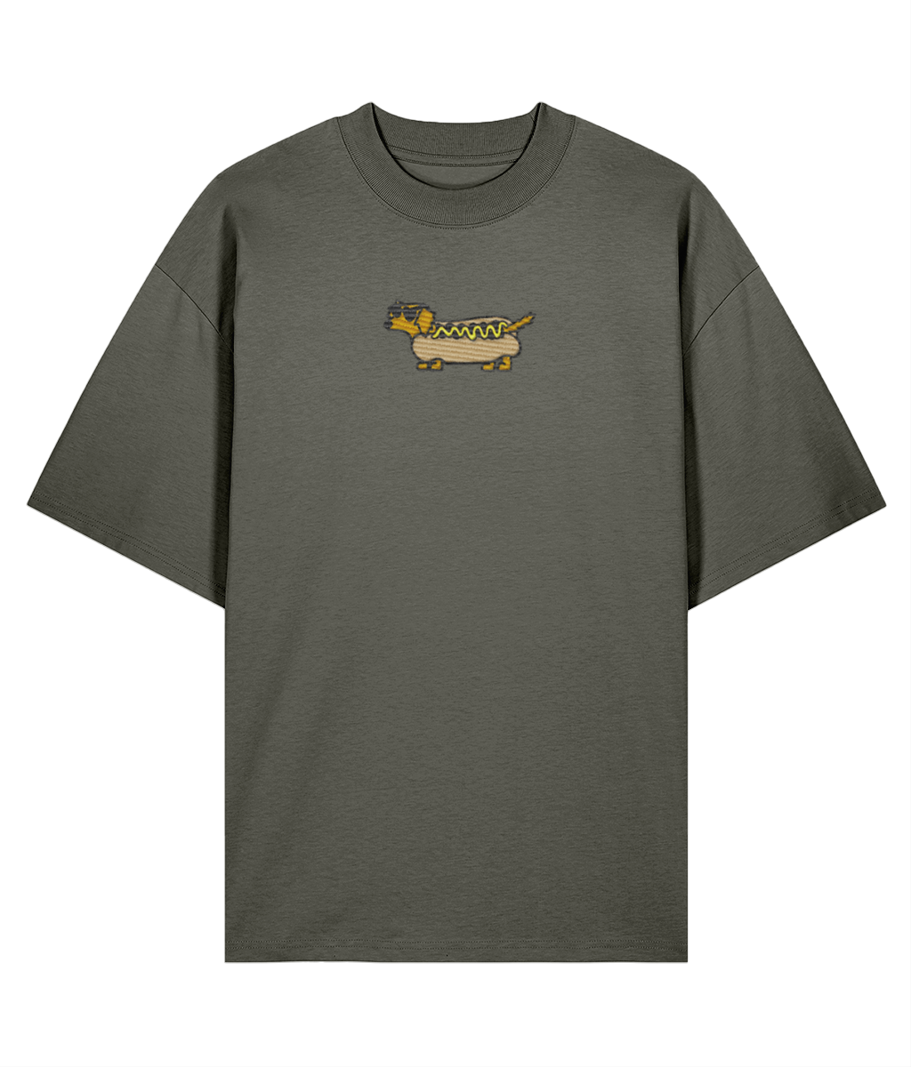 Large Flat lay of khaki oversized embroidered t-shirt with sausage dog graphic, 100% organic cotton