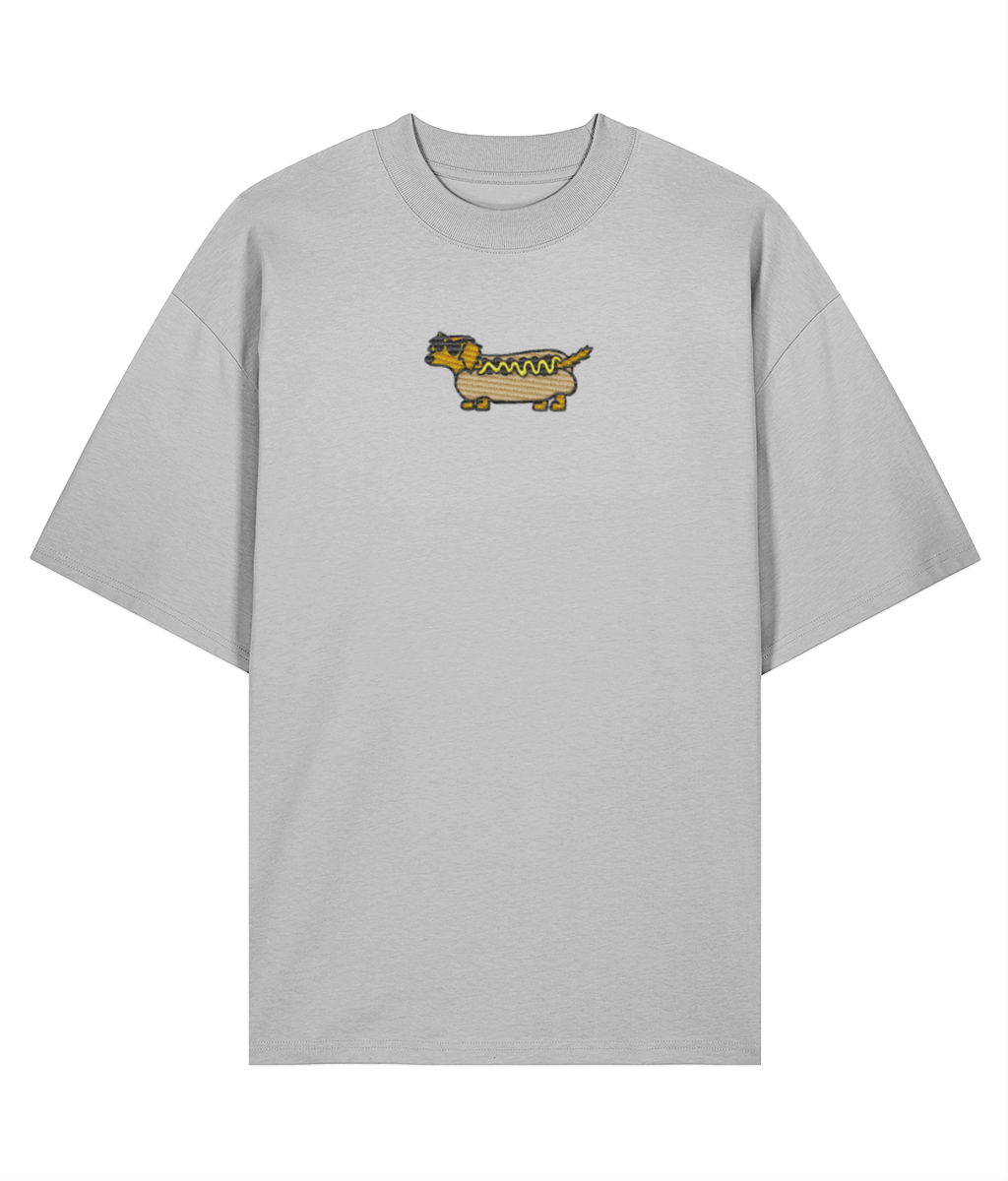 Flat lay of grey oversized embroidered t-shirt with sausage dog graphic, 100% organic cotton