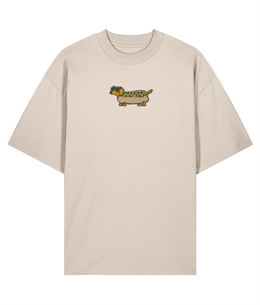 Flat lay of oversized embroidered t-shirt with sausage dog graphic, 100% organic cotton