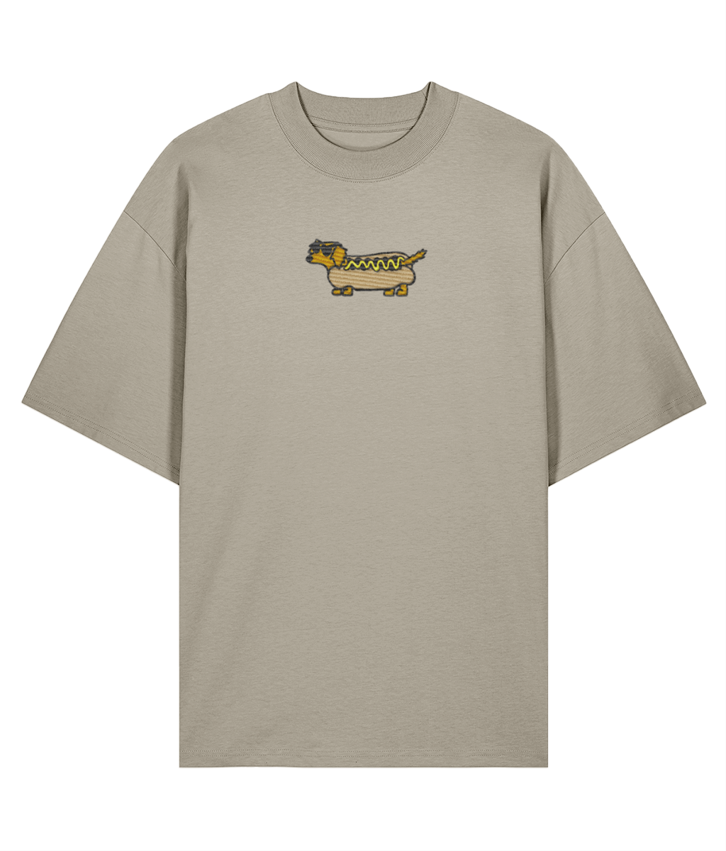 Flat lay of stone oversized embroidered t-shirt with sausage dog graphic, 100% organic cotton