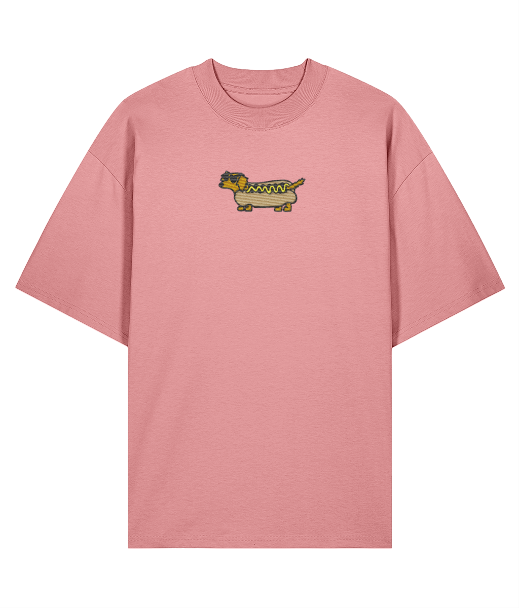 Flat lay of pink oversized embroidered t-shirt with sausage dog graphic, 100% organic cotton